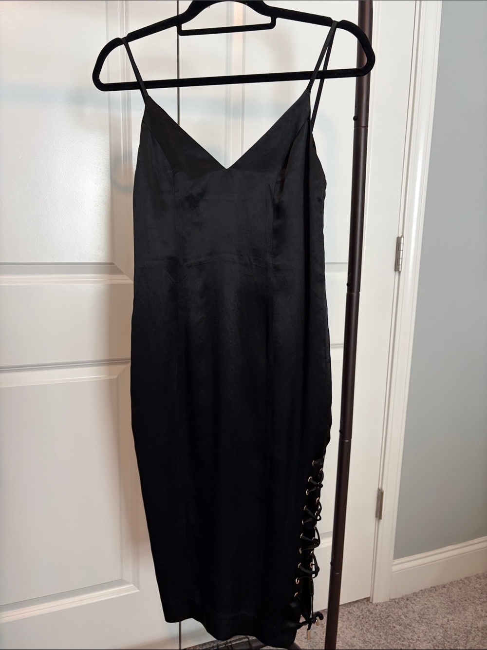 MISHA COLLECTION Tarin Black Satin Slip Midi with Side Lace-Up